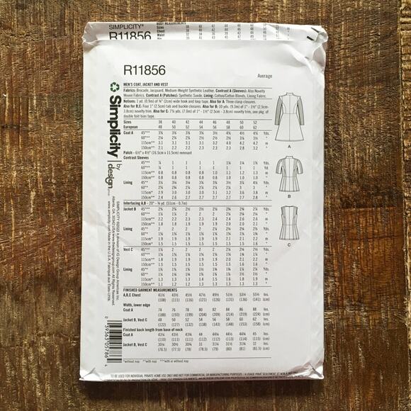 Simplicity Sewing Pattern R11858 Jacket Coat Vest Medieval Cosplay 46-52 UNCUT - Picture 2 of 3